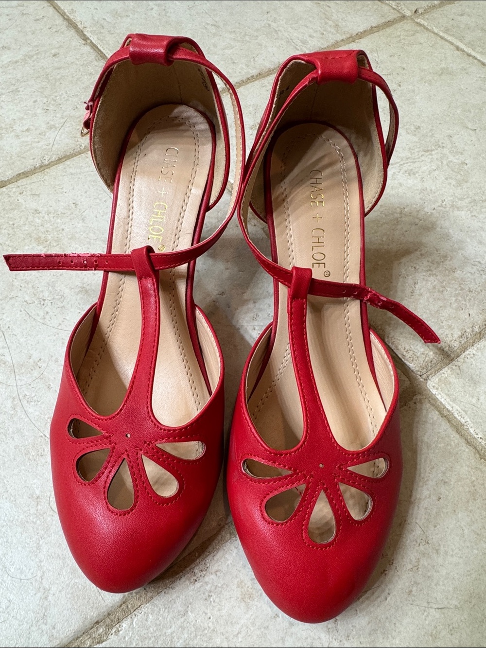 Chase + Chloe Red T-Strap Cutout Heels